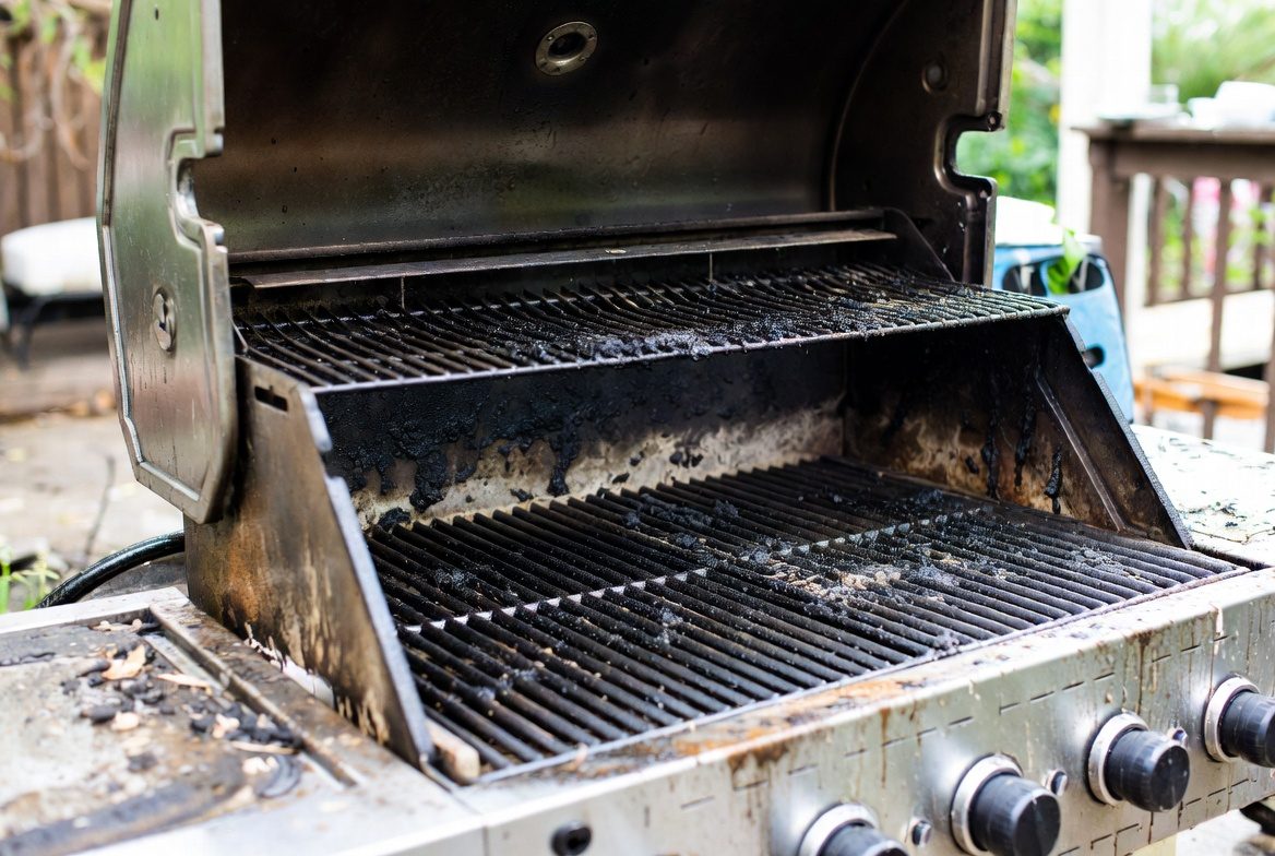 Grill grates before cleaning — heavy grease and carbon buildup